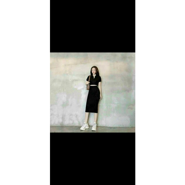 [ 8.8 Sales Freeship] Set váy thun borip ôm body, set áo cổ bẻ croptop mix chân váy dài đi chơi, dạo phố cá tính