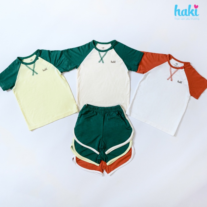 Bộ quần áo cộc tay phối màu cổ tròn cho bé chất liệu vải sợi tre  cao cấp Haki BB048