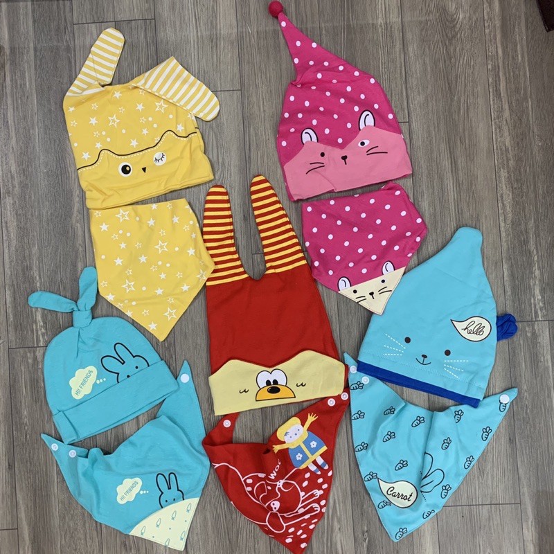 Set mũ kèm khăn yếm cotton 2 lớp cúc chỉnh mềm mại cho bé ( trai_gái/nhiều mẫu)