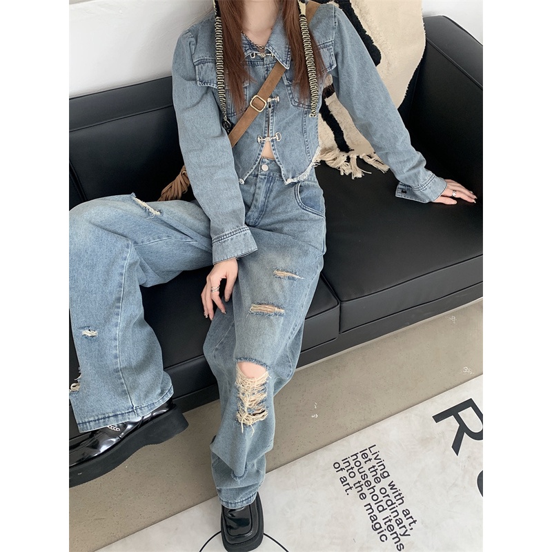 Set Áo Khoác Denim Tay Dài + Quần Jeans Rách Lưng Cao Ống Rộng Phong Cách Hong Kong