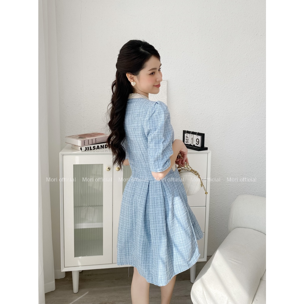 Đầm dạ tweed nữ thiết kế tay bồng tiểu thư Hàn Quốc cổ tròn 2 lớp sang chảnh thời trang thiết kế MORI CLOTHING V444