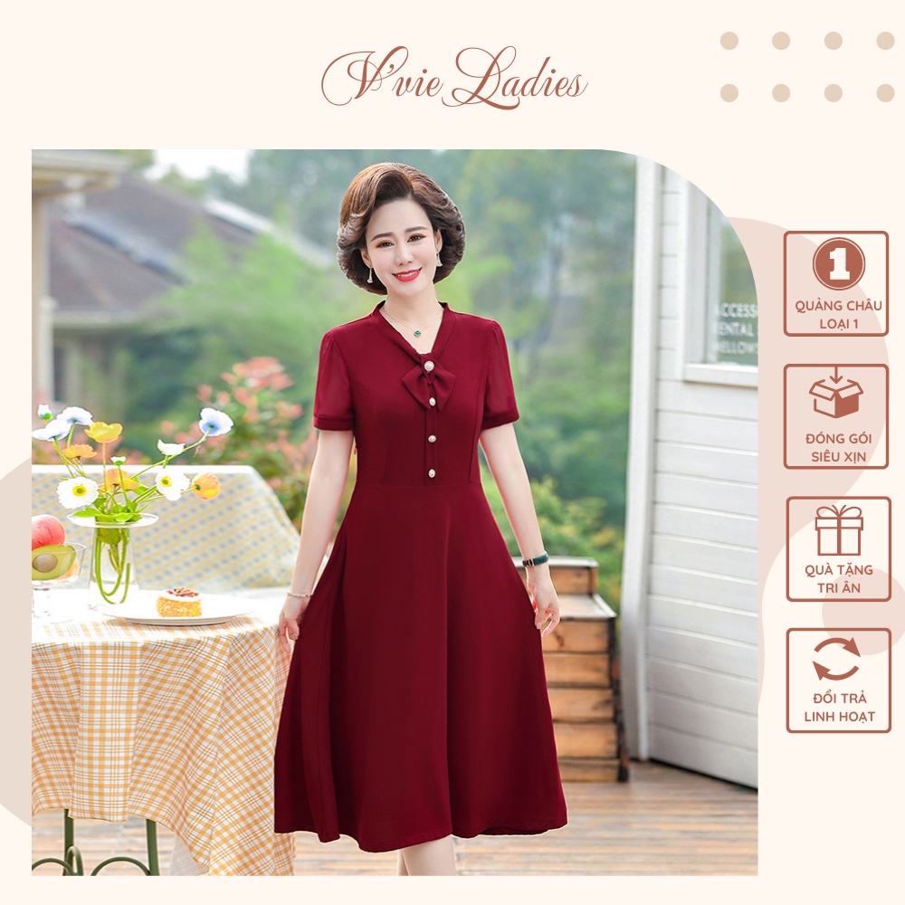 Đầm trung niên vải cát 2 màu xanh /đỏ cổ nơ tặng mẹ V'vie Ladies