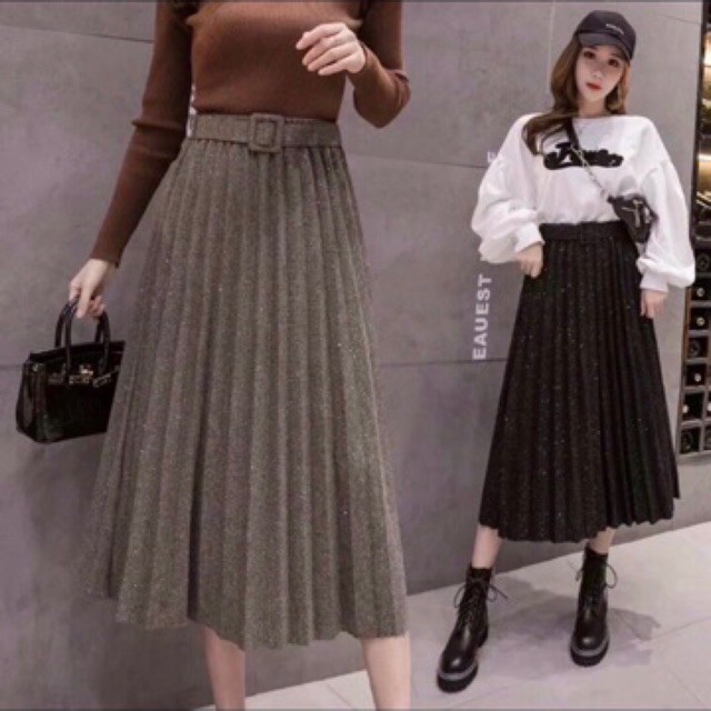 Chân váy dạ nhũ xếp ly dáng dài kèm đai hàng Quảng Châu hot hit | BigBuy360 - bigbuy360.vn