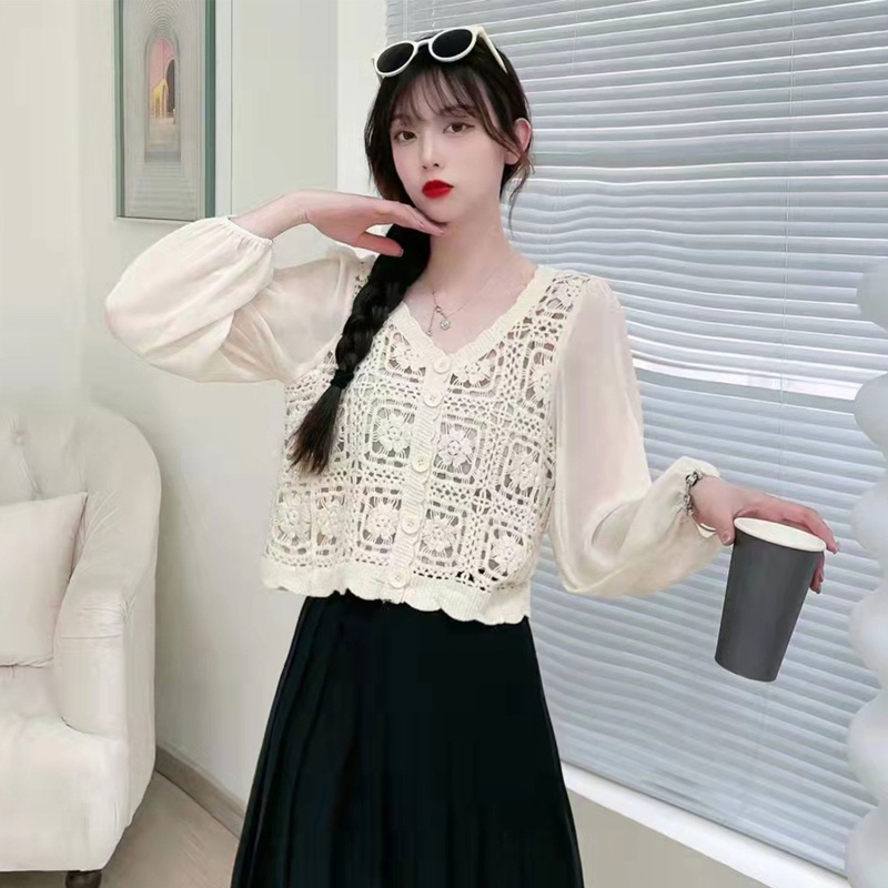 Áo Khoác Cardigan Chiffon Tay Dài Phồng Cổ Chữ V In Họa Tiết Hoa Thời Trang Cho Nữ