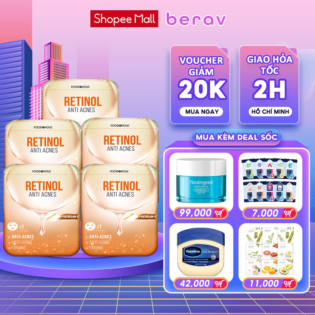 Combo 5 Mặt Nạ FOODAHOLIC Retinol giúp giảm mụn, tái tạo da Anti Acnes Mask 23mlx5