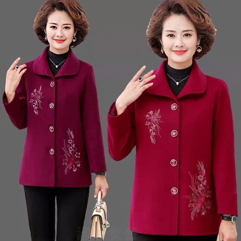 Áo khoác len nữ trung niên và người già mới, mẹ mặc, áo khoác dạ dáng dài thời trang xuân thu 40-60 tuổi