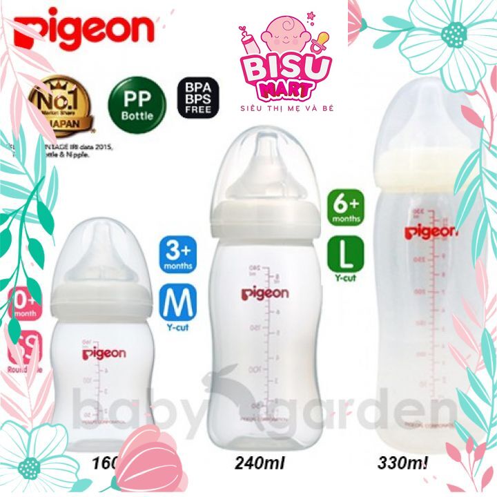 Bình sữa PIGEON, Bình sữa cổ rộng Pluss nhựa PP 160ml - 240ml - 330ml