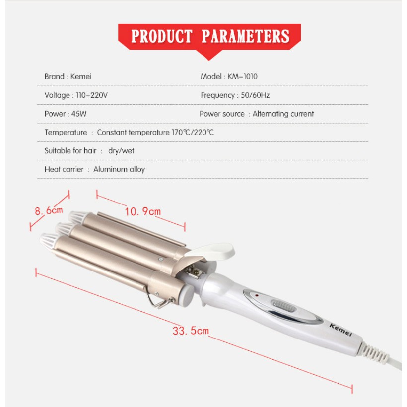 Máy uốn tóc Kemei thiết kế 3 thanh uốn độc đáo (110-220V) KM-1010