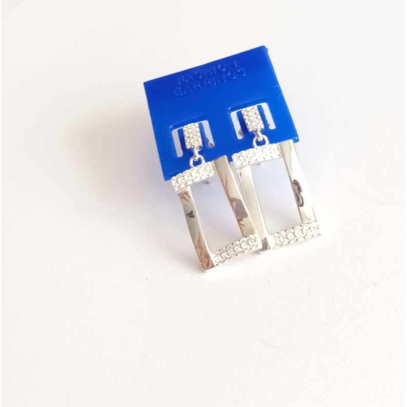 Bông tai bạc hình chữ nhật đính đá pha lê trắng bảo hành vĩnh viễn