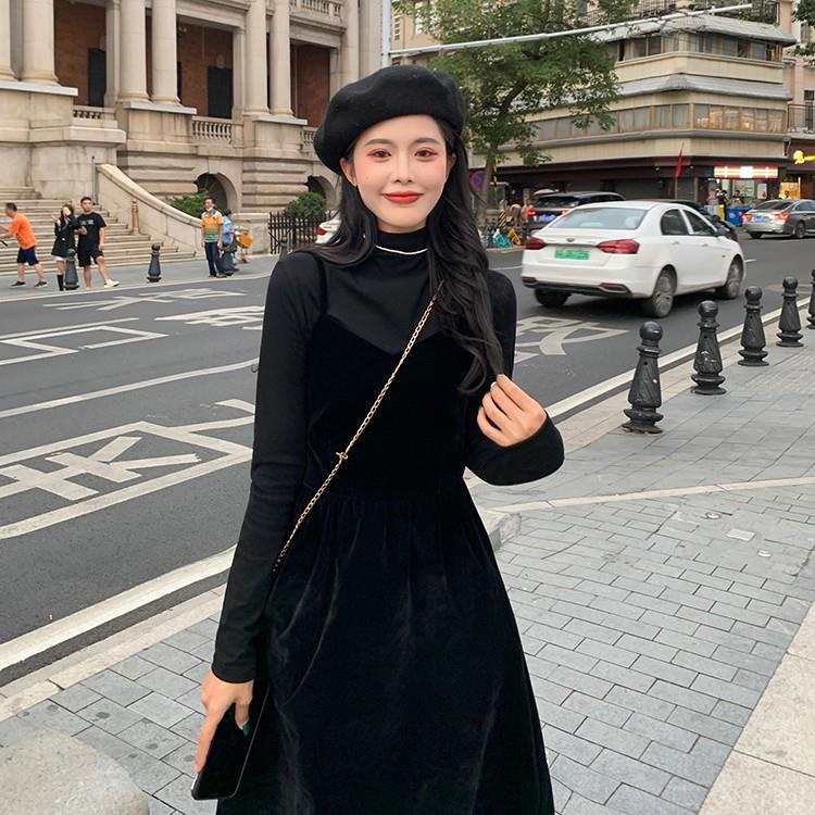 Autumn suit women 2022 new small age-reducing halter dress + long-sleeved bottomed shirt two-piece suit