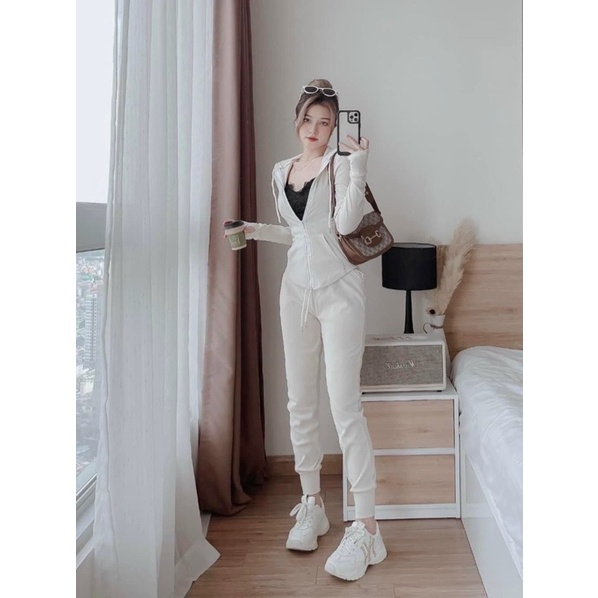 Sét bộ thời trang nữ mặc đi chơi chất thun tăm gân có khoá kéo có nón thêu chữ mix quần dài bo