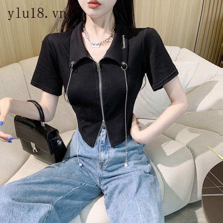 Áo Thun POLO Dáng Ngắn Ôm Dáng Phối Dây Xích Đôi Khóa Kéo Phong Cách Mới Mùa Hè 2022 Cho Nữ