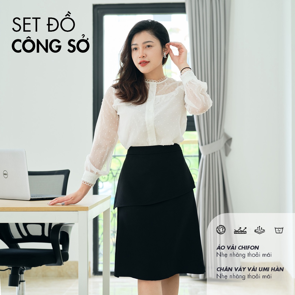 Set bộ công sở HECCI Áo sơ mi dài tay cổ tròn phối chân váy B23