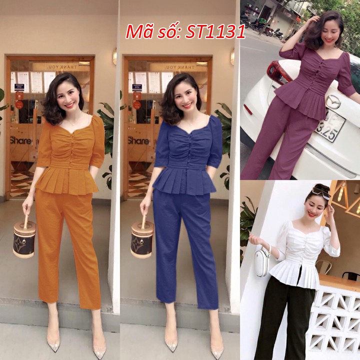 ➡️#ST1131 Set nguyên bộ áo peplum tà xếp ly phối nút bọc xinh xắn