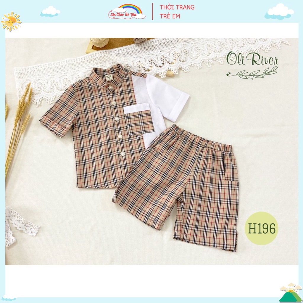 Bộ bé trai OLIRIVER áo sơ mi tay ngắn cổ tròn phối quần đùi chất liệu thô họa tiết kẻ Burberry
