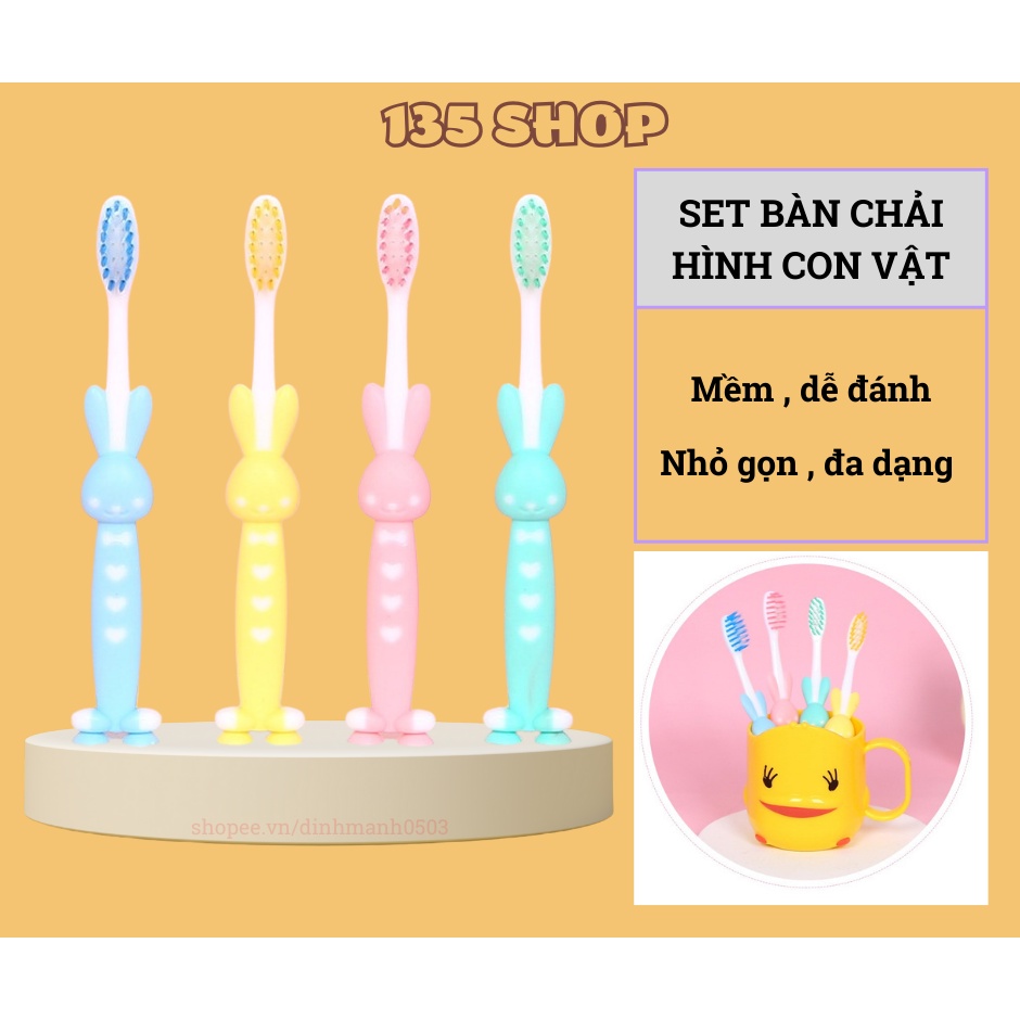 SET 4 bàn chải lông mềm cho trẻ em có chân đứng hình thú dễ thương - Bộ 4 bàn chải Nhật Bản cho trẻ em