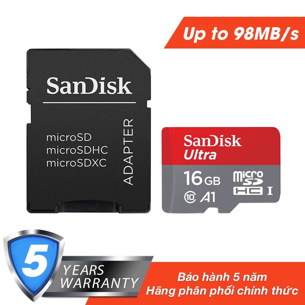 Thẻ nhớ 16Gb microSDHC Ultra A1 98MB/s SanDisk kèm Adapter