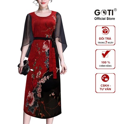 GOTI - Đầm Trung Niên Dáng Suông Dài BigSize Cho Mẹ U40 U50 Tay Cánh Tiên In Hoa Cao Cấp 3285