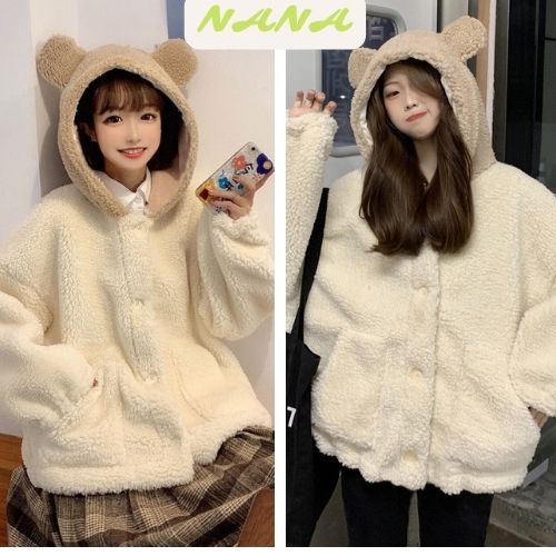 Áo khoác lông tai gấu màu trắng / Áo khoác ngoài unisex phom rộng style Hàn quốc trẻ trung Nanashop