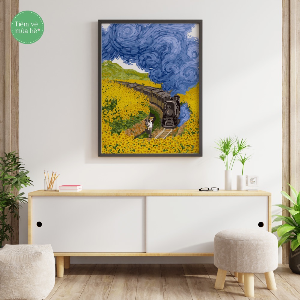 ✅Tranh tô màu theo số - Đoàn tàu hoa hướng dương đã căng khung 40x50cm