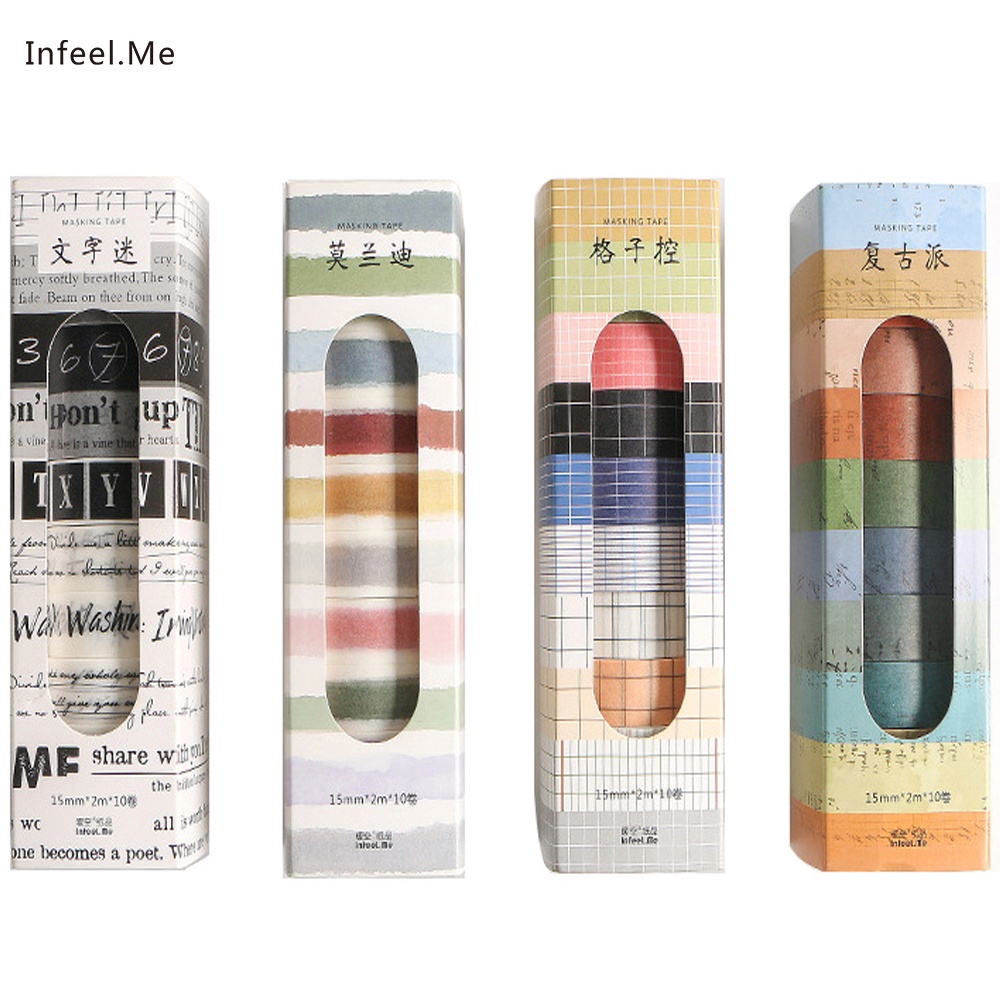 Set 10 cuộn băng keo Infeel.Me họa tiết caro chữ cái màu morandi dùng trang tró album DIY