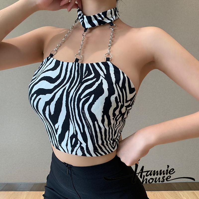 ❥Only➢Women Zebra Print Chains Hanging Neck Backless Tube Tops