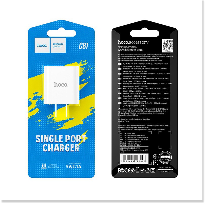 Cốc sạc Hoco C81 sạc nhanh 2.1A 1 cổng sạc USB chất liệu PVC an toàn dành cho iP Samsung Huawei Xiao.mi Oppo - Smart
