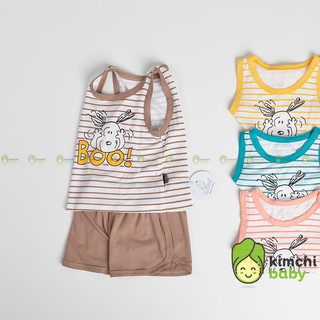 Bộ Ba Lỗ Bé Trai, Bé Gái KIMCHIBABY Vải Thun Lạnh Họa Tiết Kẻ Ngang In Hình Động Vật Kute, Bộ Quần Áo Trẻ EmKW3LO2104