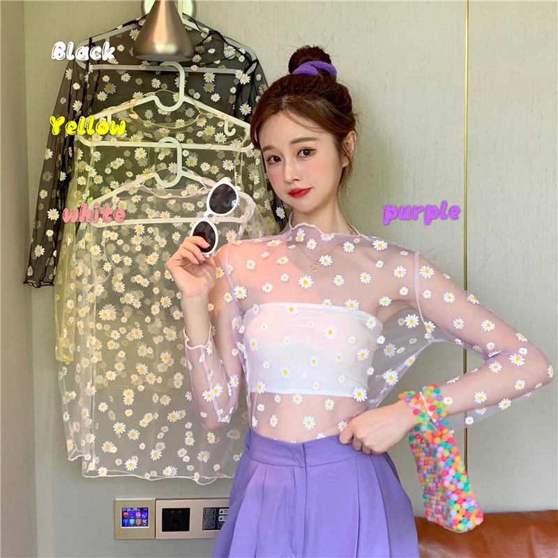 Áo T-shirt dạng lưới in hình hoa cúc nhỏ thời trang mùa hè dành cho nữ