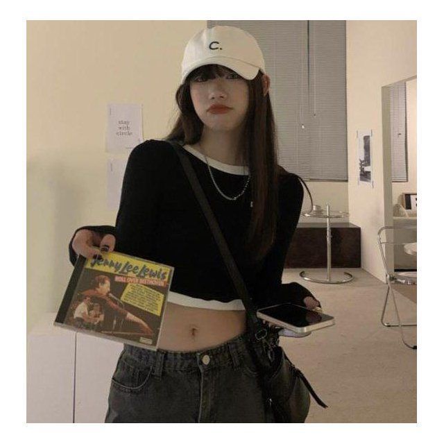 Áo Thun Tay Dài Cổ Tròn Màu Sắc Tương Phản Thời Trang Cho Nữ