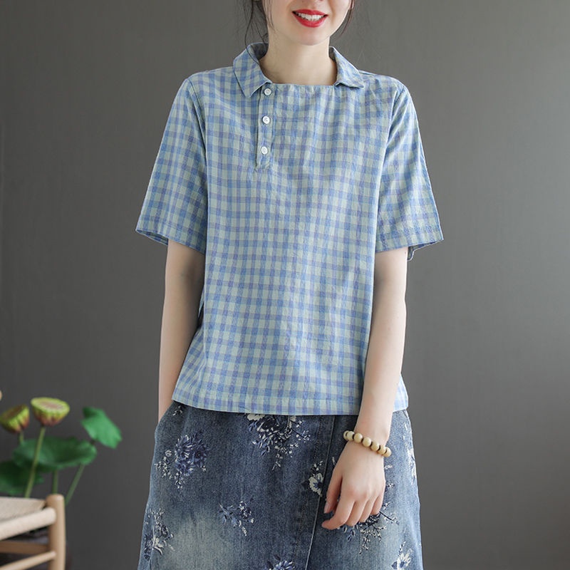 Áo Sơ Mi Nữ Tay Ngắn Dáng Rộng Họa Tiết Caro Chất Liệu Cotton Lanh Thời Trang Cho Nữ