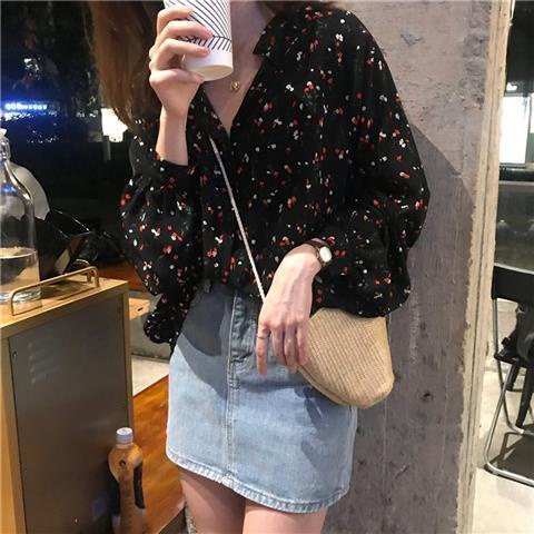 Áo Sơ Mi Chiffon Tay Dài Phồng Cổ Chữ V In Họa Tiết Hoa Phong Cách Hàn Quốc Dành Cho Nữ