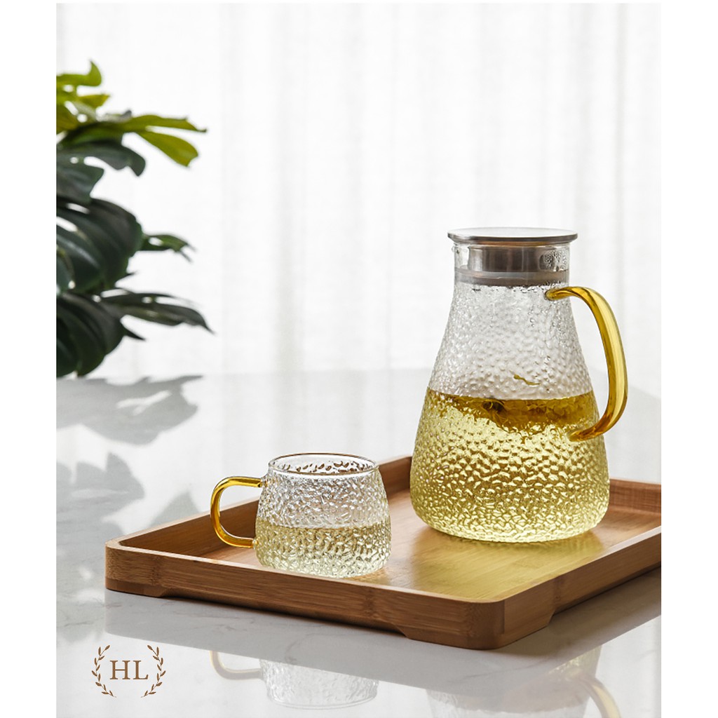 Bình thuỷ tinh chịu nhiệt sần quai vàng | Bộ bình cốc thủy tinh sần Borosilicate chịu nhiệt, chịu lực cao cấp