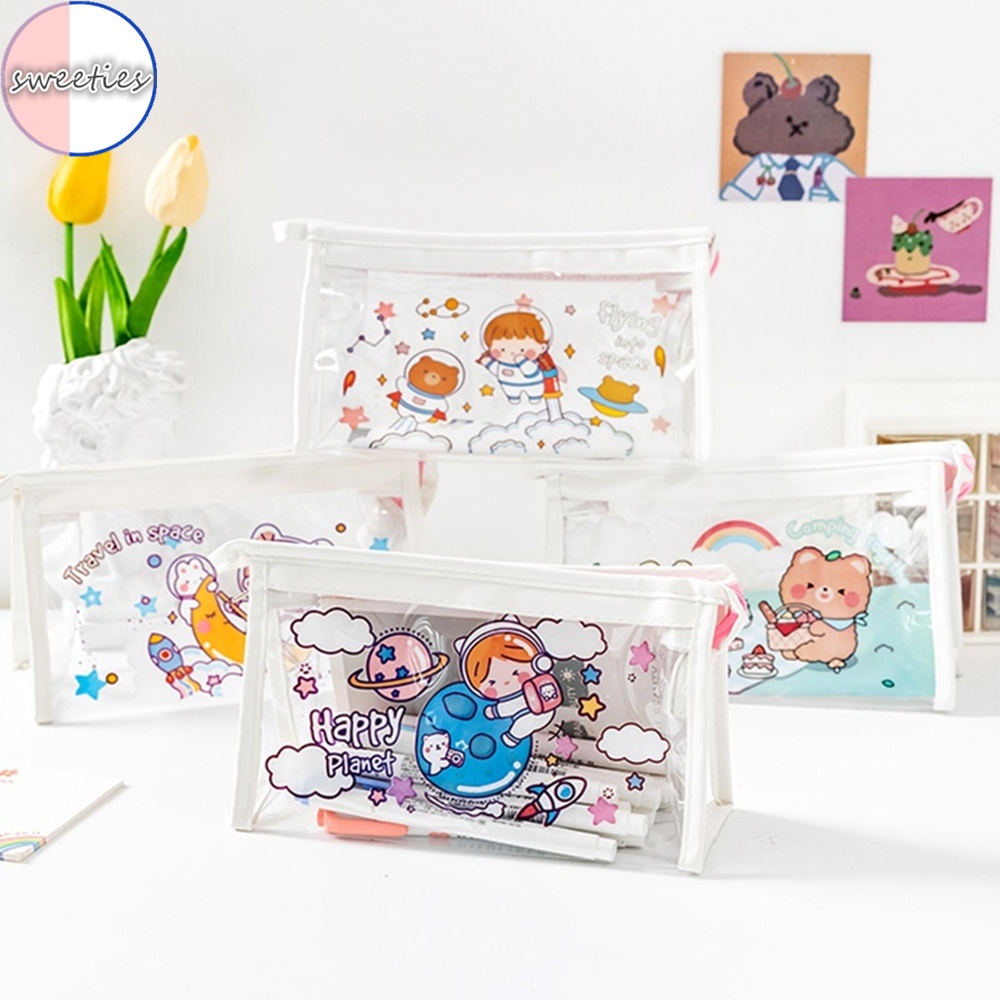 Túi đựng mỹ phẩm hình tam giác màu trong suốt họa tiết hoạt hình dễ thương