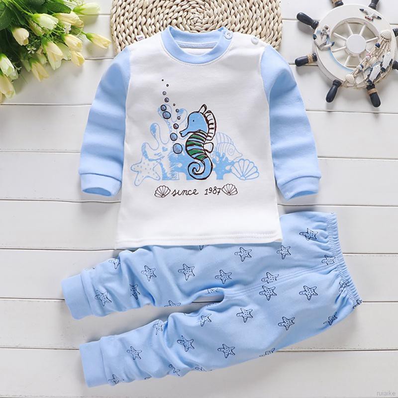 Bộ Đồ Ngủ Pijama Dài Tay 2 Món In Hình Hoạt Hình Cho Bé Từ 0-6 Tuổi