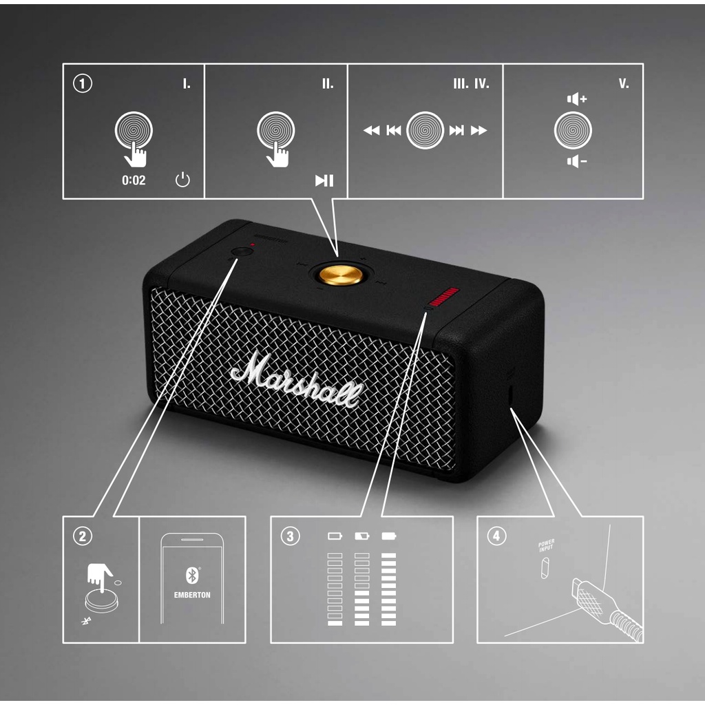 Loa Bluetooth Marshall Emberton - BT 5.0, Pin ~20h, Kháng Nước IPX7, Công Suất 20W, HÀNG CHÍNH HÃNG