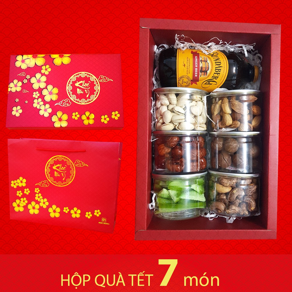 Hộp quà Tết 7 món Nước Ép, Táo Vàng, Mứt Bưởi Thái, Hạt Hạnh nhân, Hạt Mắc Ca, Hạt Điều lụa, Hạt Dẻ Cười | BigBuy360 - bigbuy360.vn