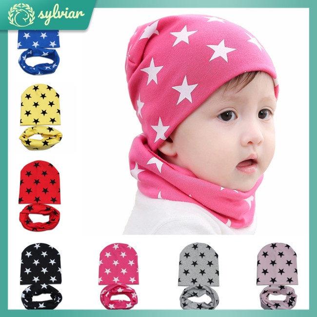 Set 2 Món Mũ Cotton Dệt Kim + Khăn Choàng Cổ Dễ Thương Xinh Xắn Cho Bé
