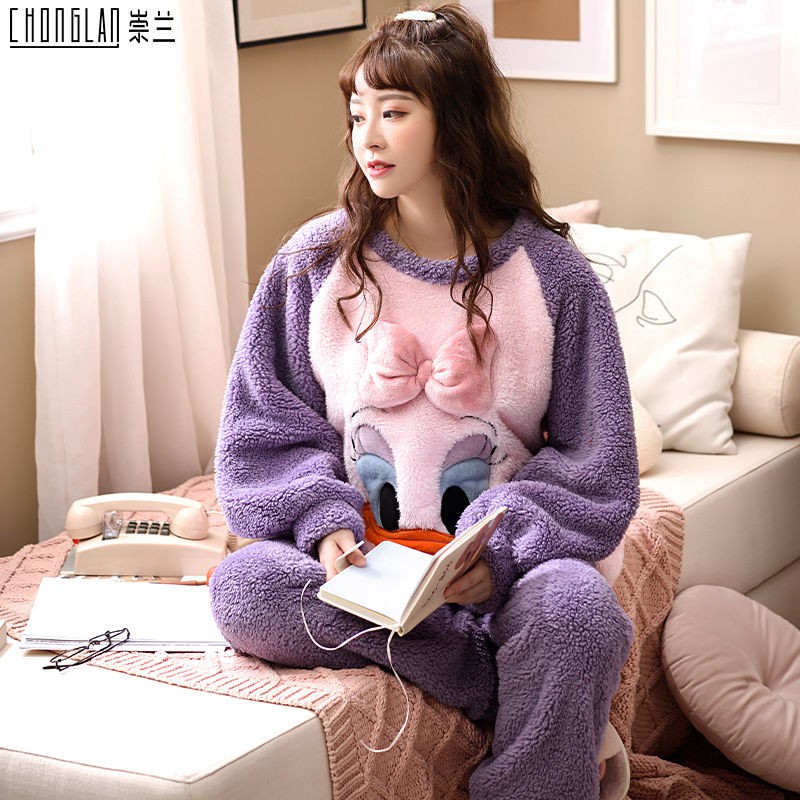 Bộ Đồ Ngủ Vải Flannel Lông Cừu San Hô Dễ Thương Thời Trang Mùa Đông Cho Nữ