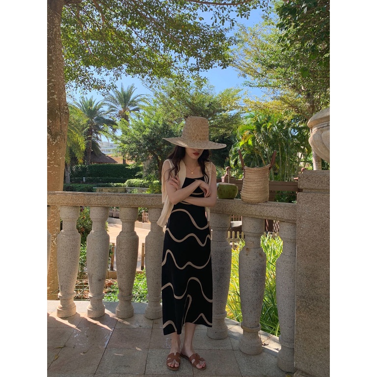 Đầm Dệt Kim Ôm Dáng Họa Tiết Kẻ Sọc Gợn Sóng Phong Cách Retro