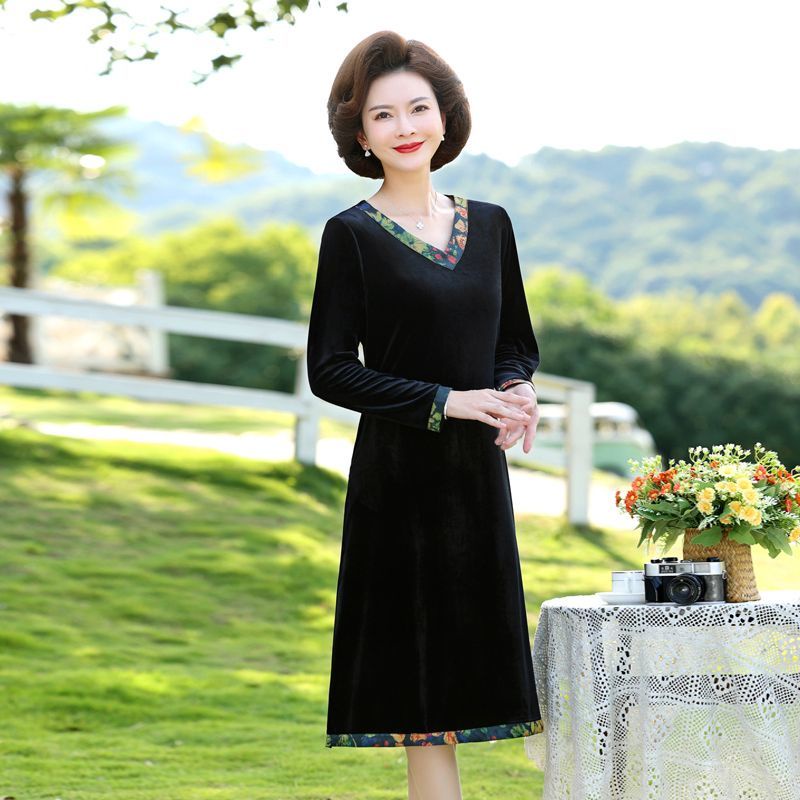 Aimeisi Đầm Nhung Dài Tay Thời Trang Xuân Thu Cho Phụ Nữ Trung Niên