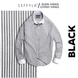 Áo Sơ Mi Nam Họa Tiết Kẻ Sọc Phối Cổ Và Tay Áo Xám CEFFYLO, Vải Cotton Mềm Mịn, Form Chuẩn