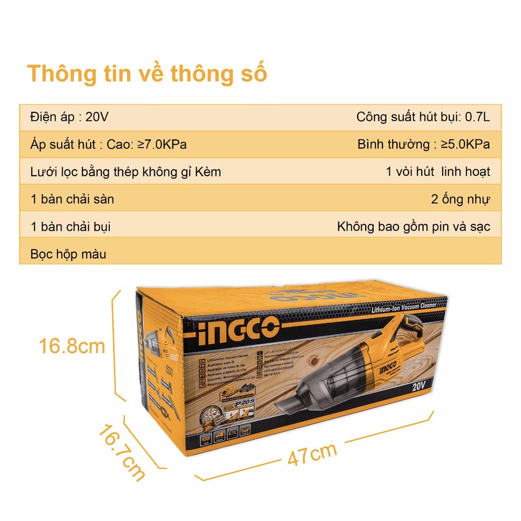 MÁY HÚT BỤI DÙNG PIN INGCO 20V CVLI2001