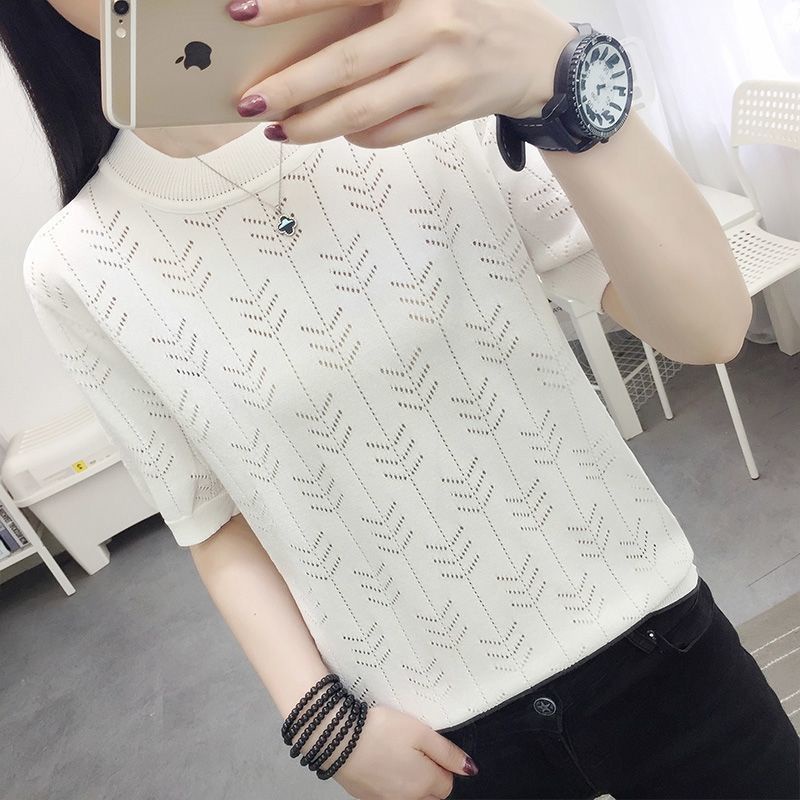 Áo Thun Dệt Kim Ngắn Tay Cổ Tròn Họa Tiết Kẻ Sọc Thời Trang Mùa Hè Cho Nữ