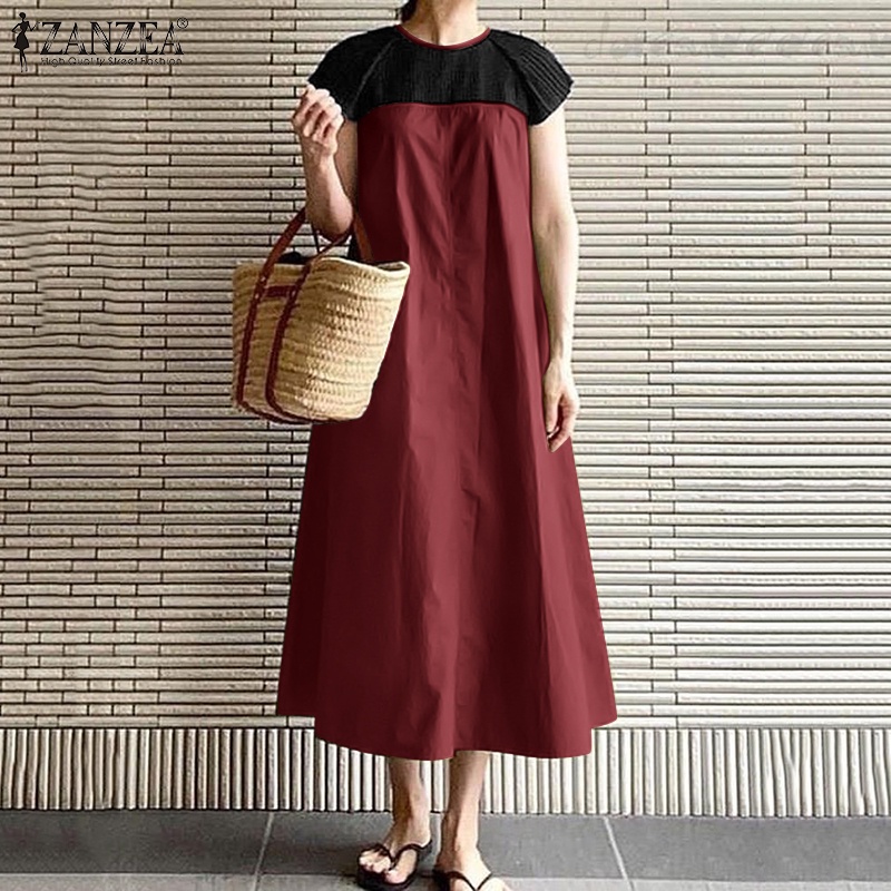 Đầm dài ZANZEA tay ngắn xếp ly màu tương phản phong cách Hàn Quốc thời trang cho nữ