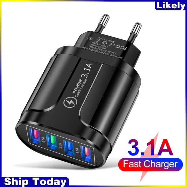 Củ Sạc Nhanh 3.1a 4U Usb Có Đèn Led Phích Cắm EU / US / UK Cho Điện Thoại