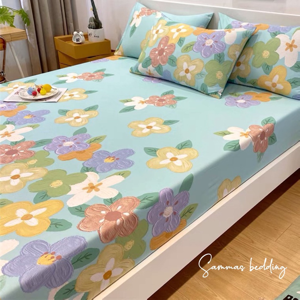 Bộ Chăn Ga Gối 3 Món Cotton 100%, Drap Giường + 2 Vỏ Gối Thoáng Mát Bốn Mùa - Hoa Nhí