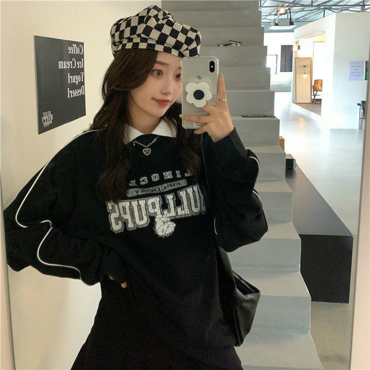 Áo sweater phối cổ bẻ hoạ tiết viền tay ấn tượng form rộng oversize chất nỉ ngoại dày mịn
