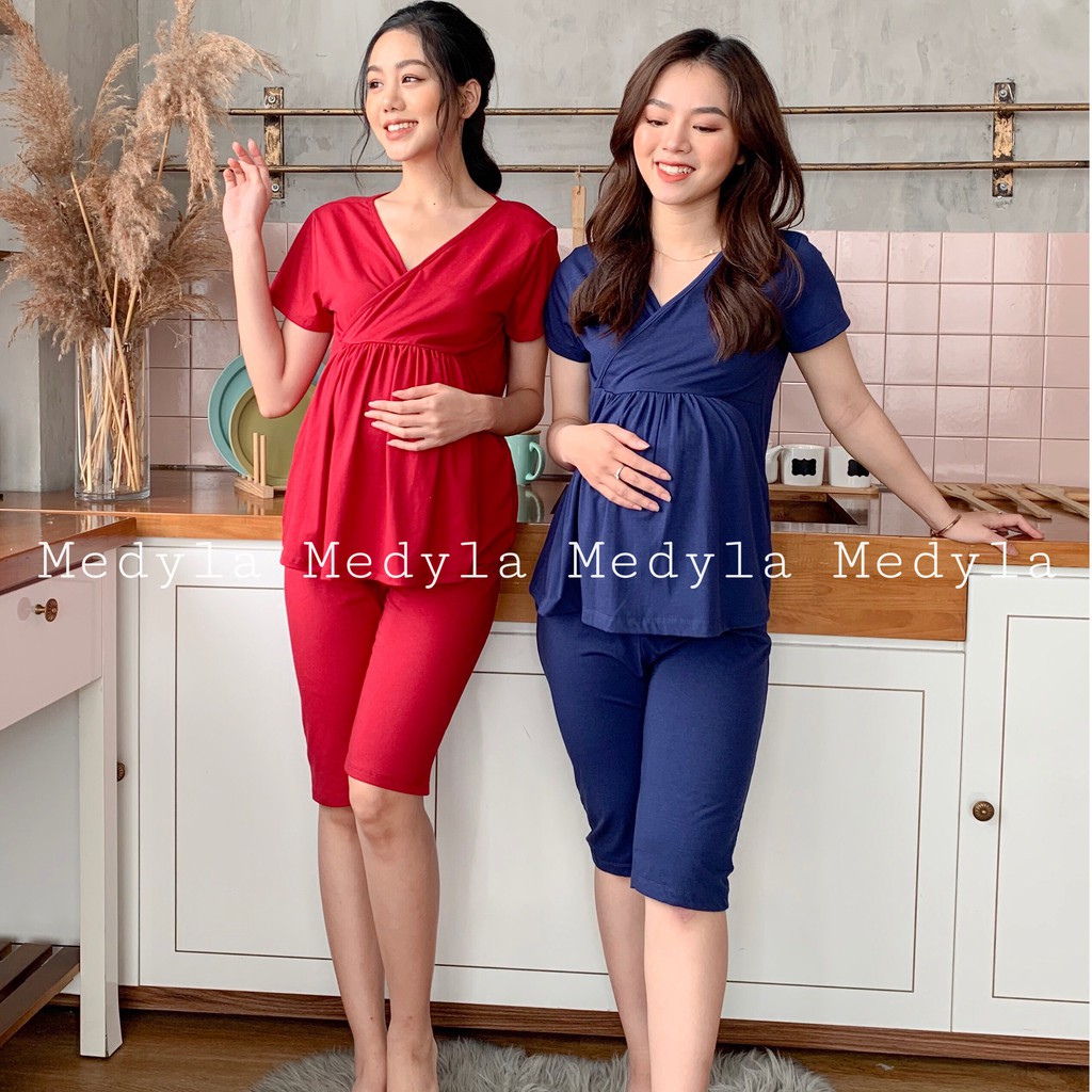 Bộ bầu mặc nhà vạt chéo ngắn tay sau sinh thiết kế Medyla onhacoshopee | BigBuy360 - bigbuy360.vn
