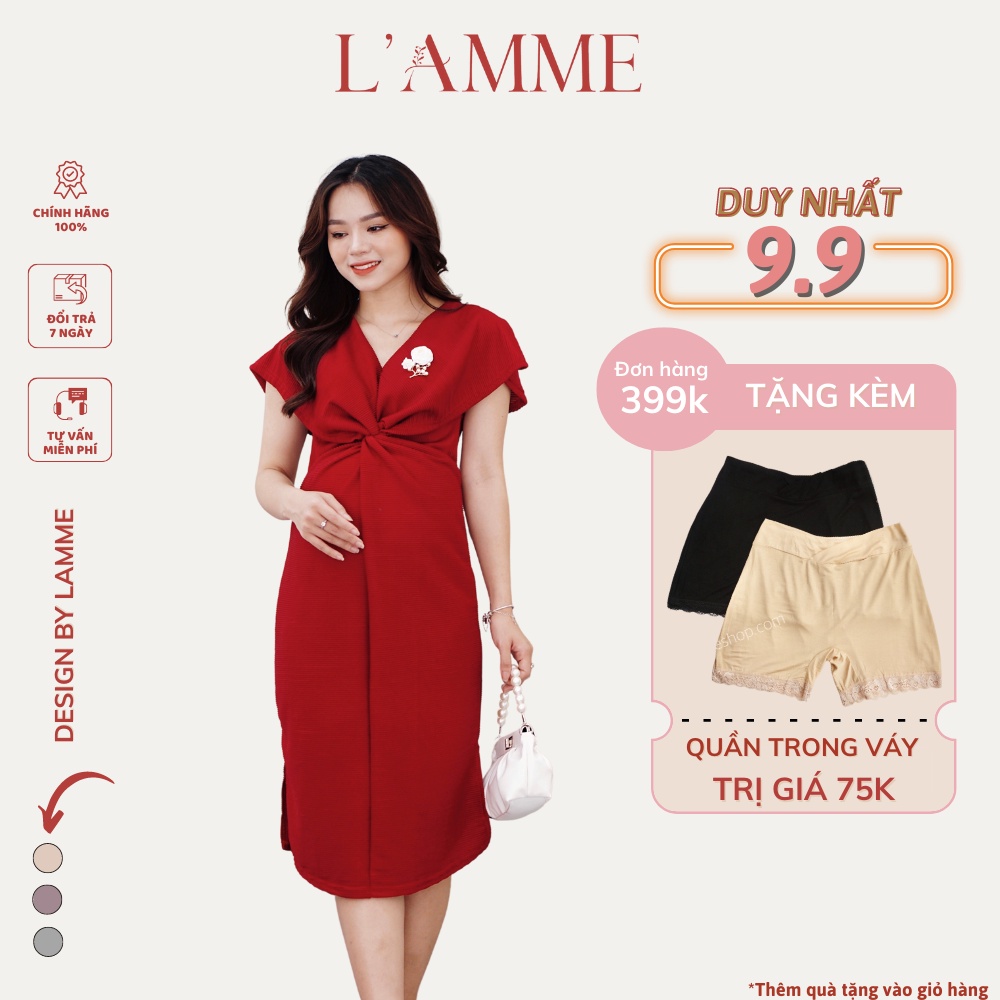 Váy bầu đẹp Carol Dress chất vải mềm dập ly cao cấp được thiết kế bởi LAMME (Không kèm hoa)